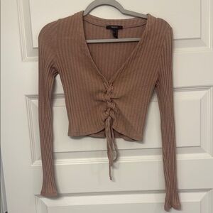 Forever 21 Brown Ribbed Tie Front Crop Blouse